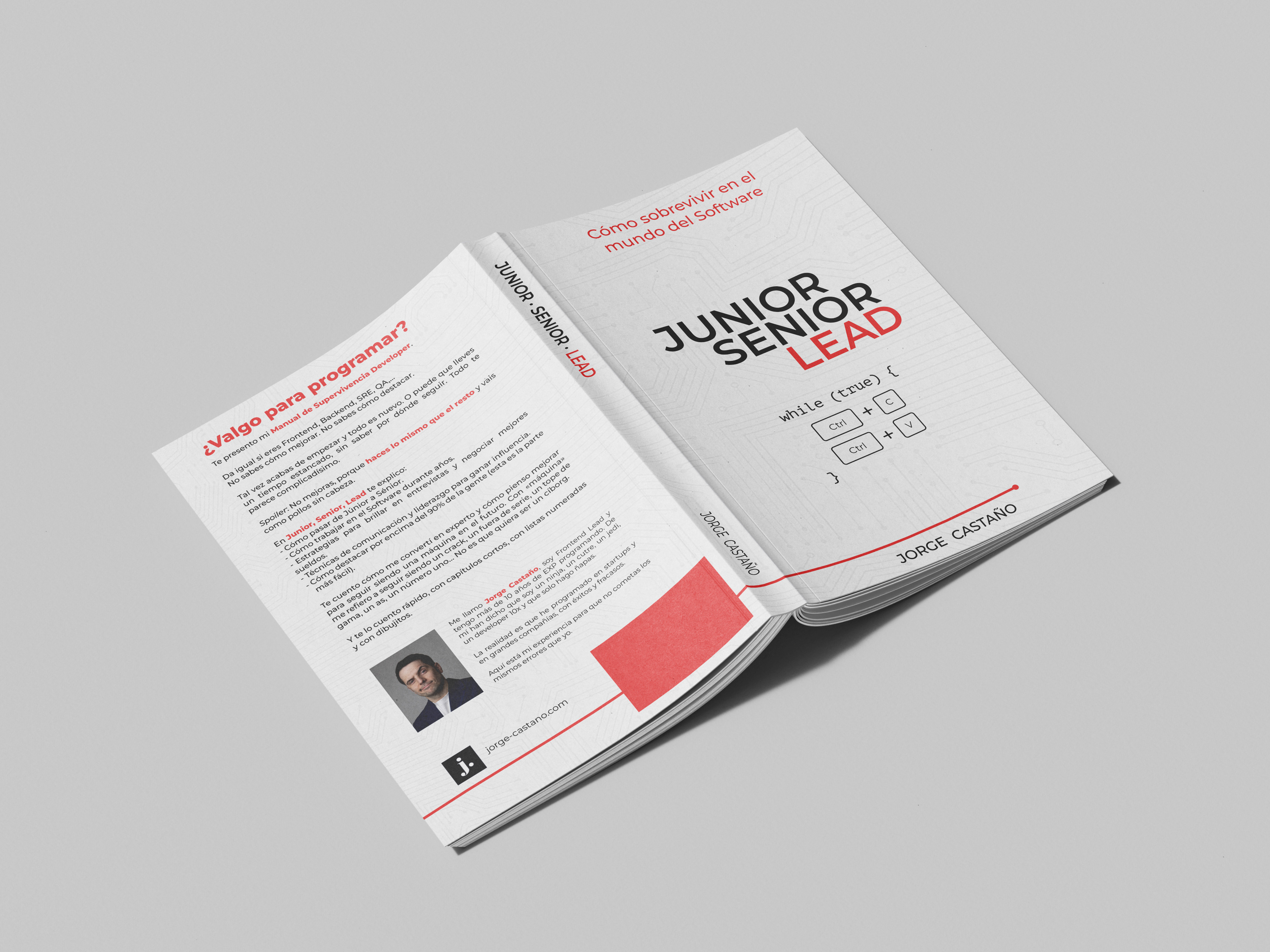 Libro abierto bocabajo sobre una superficie blanca. Vemos portada y contraportada.